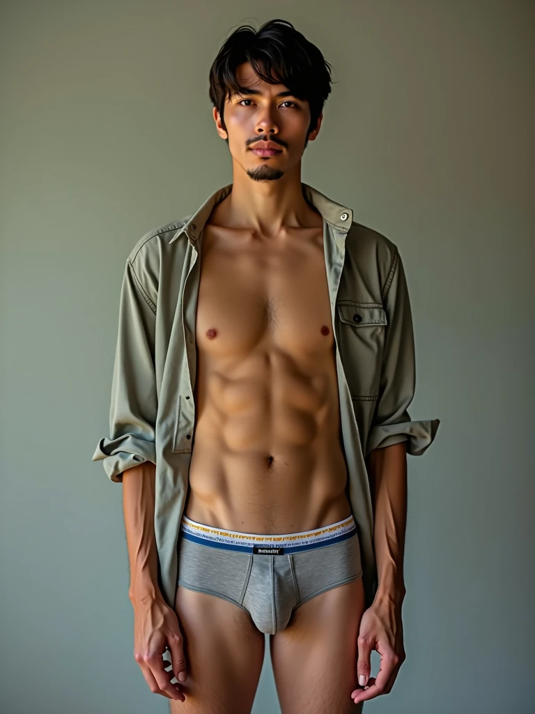 Photograph of Native American male photo retoucher (Whitney Minthorn), exact face, short brunette hair, light skin-tone, slender, slim, thin, tight fitted unbuttoned boxer briefs, unbuttoned shirt, bare chest, (penis, uncircumcised, erect penis), pubic hair, sweating, correct anatomy for pose, cinematic movie still, full body portrait, natural beauty, high quality, high detail, photograph taken with nikon z8 mirrorless camera with nikkor z 24mm s lens