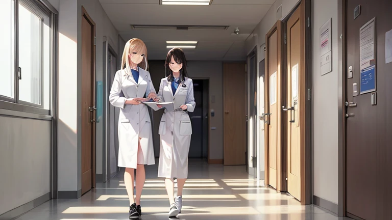 In the hospital corridor、Please draw an illustration of a female doctor in a white coat walking while checking a medical record.。The female doctor has a serious expression、On my way to my next appointment。In the background you can see hospital room doors and hospital equipment.。