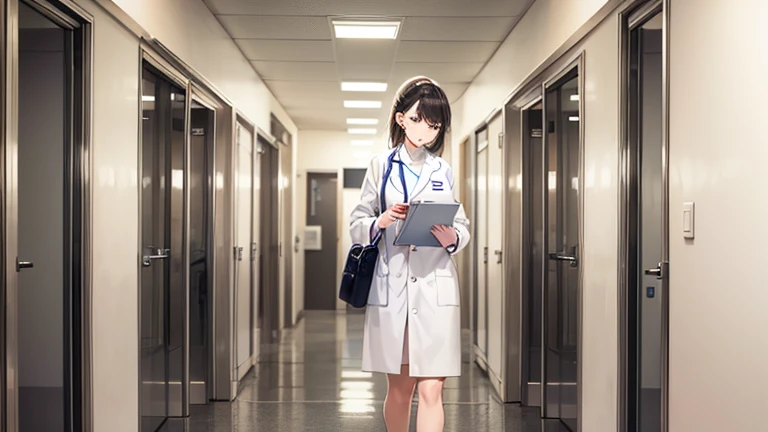 In the hospital corridor、Please draw an illustration of a female doctor in a white coat walking while checking a medical record.。The female doctor has a serious expression、On my way to my next appointment。In the background you can see hospital room doors and hospital equipment.。