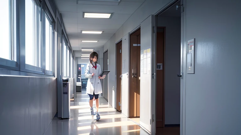 In the hospital corridor、Please draw an illustration of a female doctor in a white coat walking while checking a medical record.。The female doctor has a serious expression、On my way to my next appointment。In the background you can see hospital room doors and hospital equipment.。