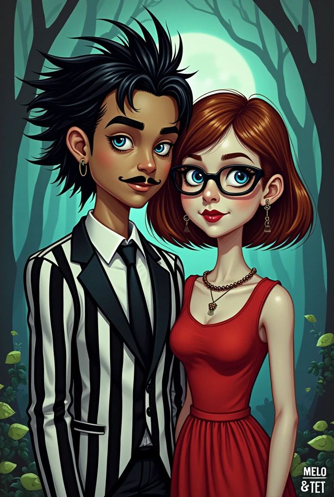 (Comicrealism.2) create Tim Burton esq Couple
The has black glam metal hair and the white and black striped suit of BEETLEJUICE, he has light brown skin, brown eyes and a barely viable mustang. The girl has short brown hair with red middle parting bangs, pale skin, blue eys, a glasses and a red dress in the style of LYDIA DEETZ from the movie BEETLEJUICE.
Also put a logo on the artwork: MELO & TET