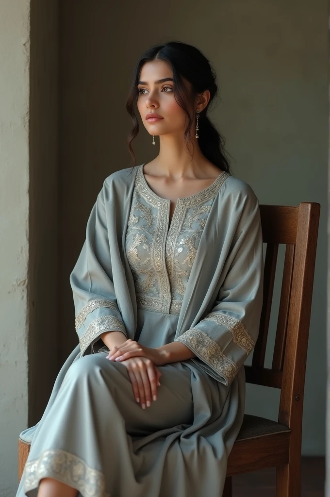 Punjabi women, sit on wood chair, grey Punjabi shut