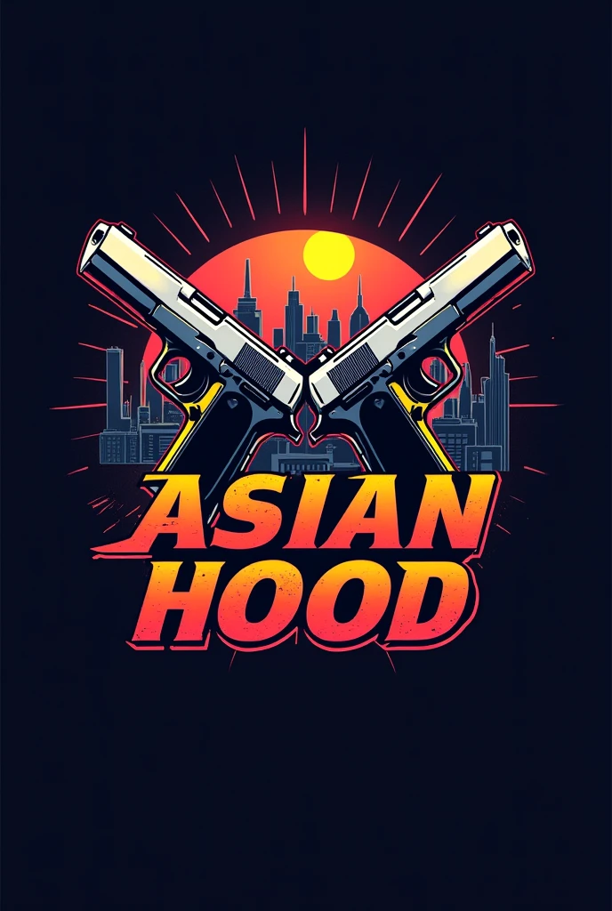 Create me a game logo name is Asian hood add guns and no statues no human beings.ADD MORE EXAMPLES Name is Asian hood