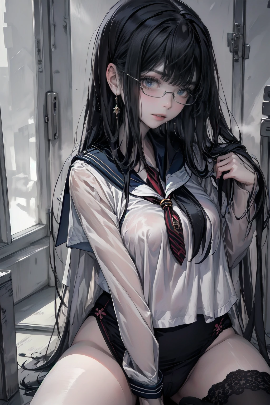 ,High school、School classroom,Description of the classroom,机の上にSitting、Sit at a desk(whole body, legs and 靴 visible: 1.2),masterpiece, Highest quality, Ultra-high resolution,Sailor suitを着用、long hair、Black Hair、Very beautiful、Very large breasts、Big Breasts、Very sexy、Sexy pose、whole body図、Mouth open、Shocking pink lipstick、,(Ideal body proportions:1.5),(Very beautifully detailed large eyes:1.5), (Embarrassing,blush:1.7),Beautiful detailed hair , Beautifully detailed face, Perfect feminine face, , (Dressed,Sailor suit:1.6),(Open your mouth:1.6),art,(Sexy pose:1.5),,(Sitting,Spread your legs:1.6),(heavy breatheing,breathe,fog:1.7),光沢のあるSailor suit､The whole body is covered in oil and has a glossy look.,
