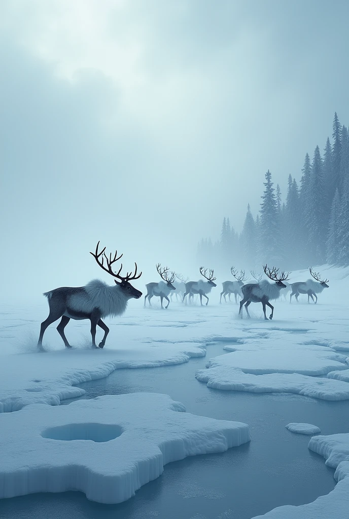 train in snowy plain and huge icy lake.and a lot of reindeers and blizzard fog