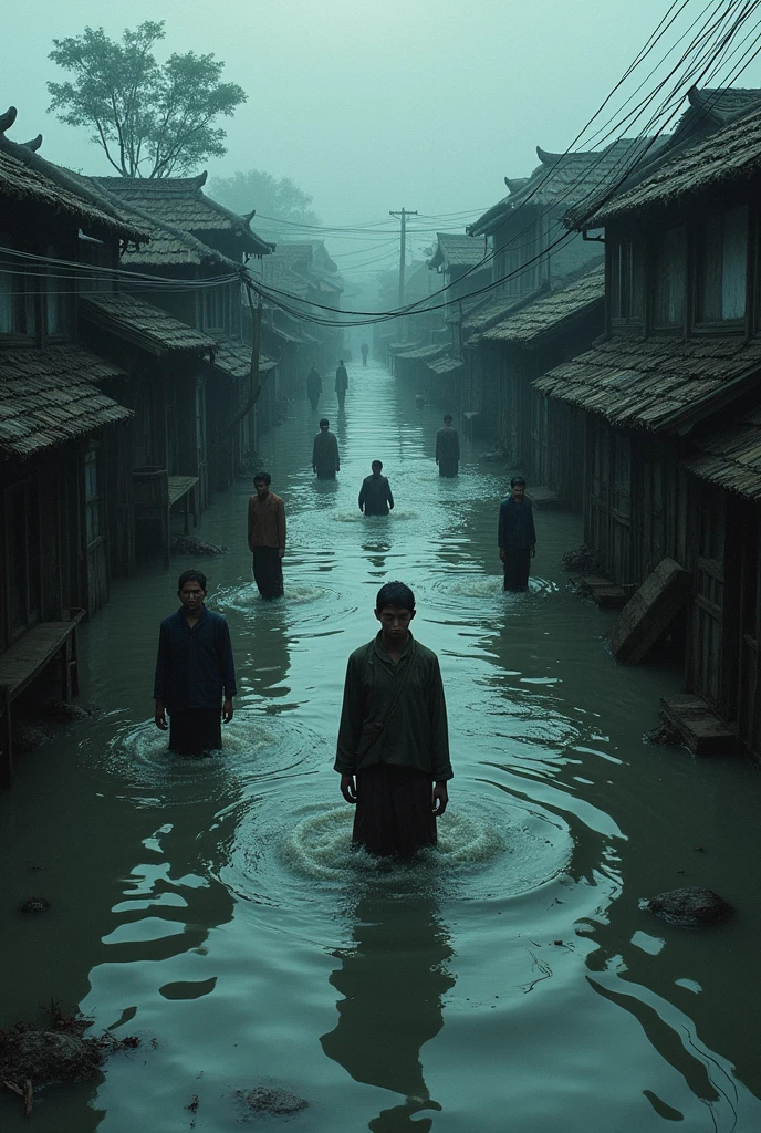 Village flooded art in terms of southern aisan people highly detailed and dark themed dual toned