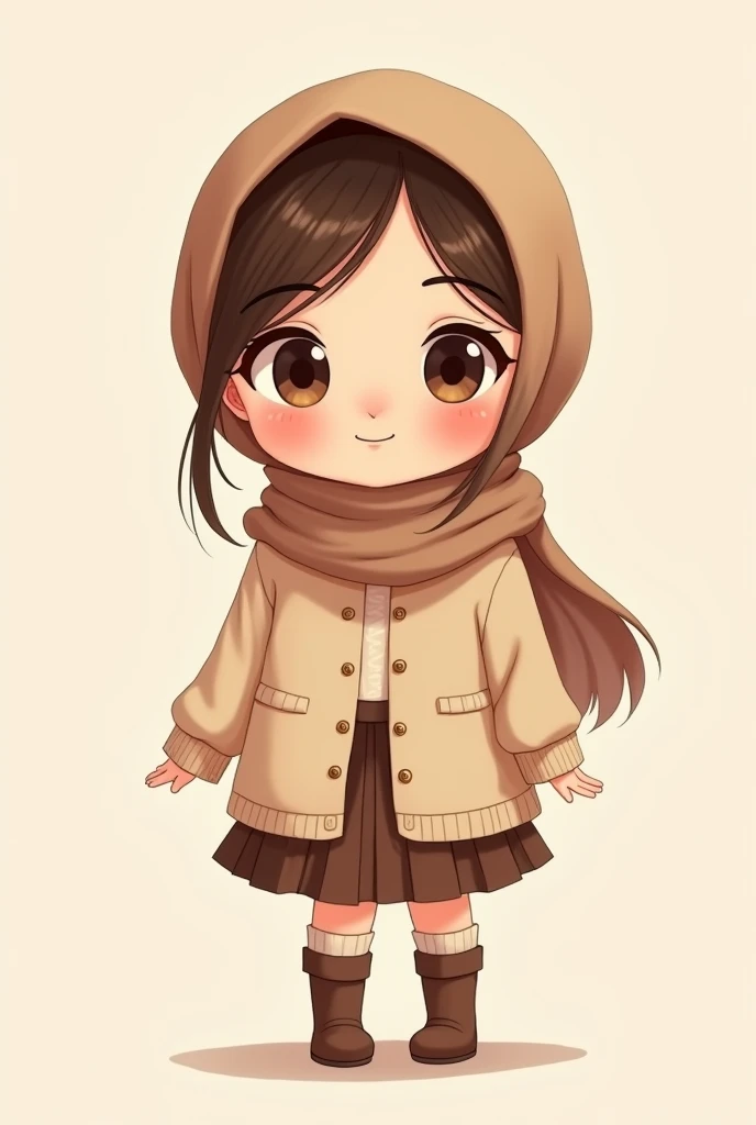 Cartoon with text:
(masterpiece, best quality, 4k, expressive eyes, perfect face, 2d style, flat style, hand drawn, perfect Illustration), Cute and adorable face, big detailed eyes,, Cute little cartoon girl, with brown hijab on, bangs, wearing oversized beige cardigan, white shirt, brown skirt, ((brown socks, long socks)),