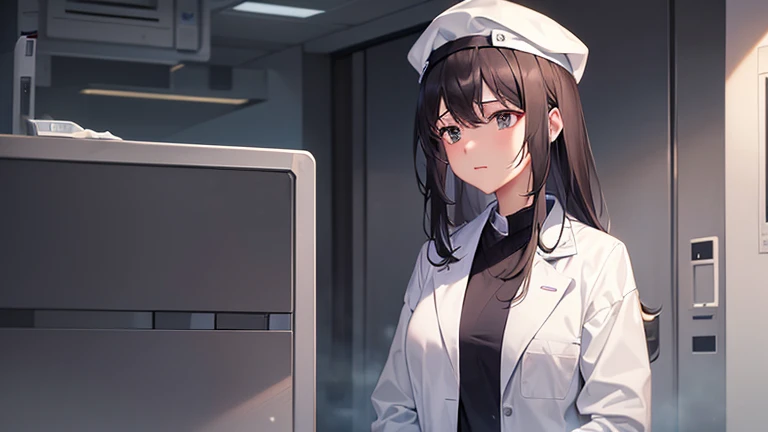 A female doctor in a white coat、Please draw an illustration of preparations being made in front of an operating theatre.。The female doctor wears a surgical cap and mask、A concentrated expression as he prepares for surgery。The background depicts an operating room door and disinfectant.。