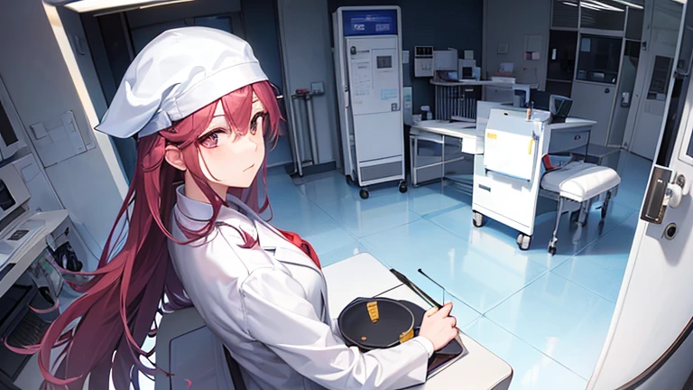 A female doctor in a white coat、Please draw an illustration of preparations being made in front of an operating theatre.。The female doctor wears a surgical cap and mask、A concentrated expression as he prepares for surgery。The background depicts an operating room door and disinfectant.。