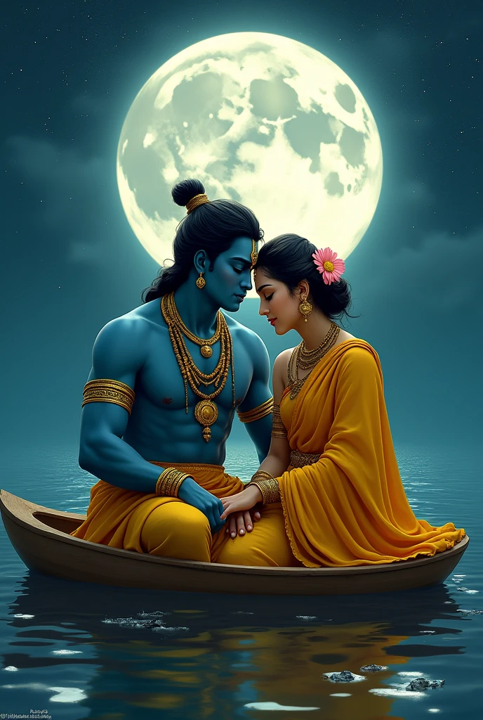 Design a mesmerizing scene featuring a divine couple seated close together in a boat, under a magical night sky filled with twinkling stars. The male figure has deep blue skin and a serene expression, adorned with traditional golden jewelry, including necklaces and armlets, and wearing a rich teal garment. A prominent tilak is marked on his forehead, symbolizing his divinity. The female figure beside him is dressed in a flowing, bright yellow saree embellished with delicate gold accents. Her jewelry, including bangles, earrings, and a necklace, complements her outfit, while her hair is styled elegantly with flowers tucked in. She has a gentle smile, exuding grace and affection as she leans slightly towards the male figure. Behind them, a luminous full moon bathes the scene in a soft glow, casting a reflective light on the water around them, enhancing the tranquil and romantic ambiance. The overall image conveys a deep sense of love, divinity, and serenity