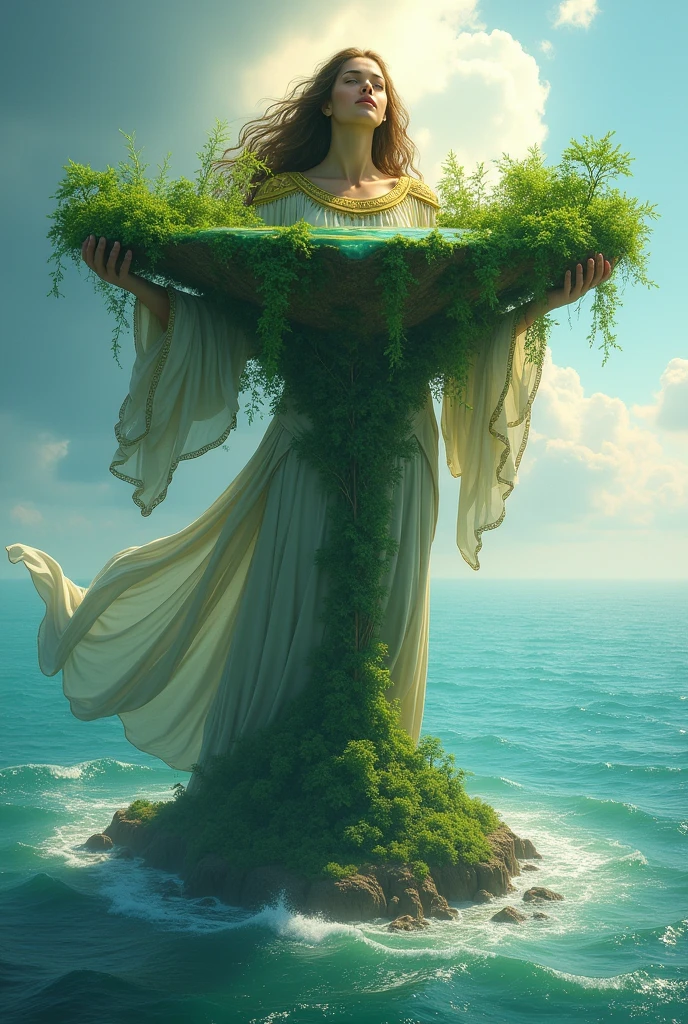 The goddess Giaa holds the earth and the fertile natural land, half above the sea. The sea water spreads.