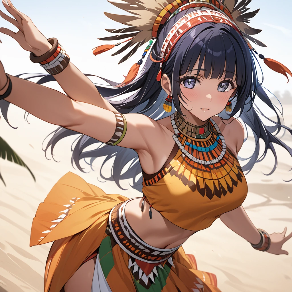 ((Highest quality)), ((masterpiece)), (detailed), （Perfect Face）、The woman is Reika Aoki, a native African dancer with medium-long hair.、A woman is wearing an indigenous African dance costume and dancing an indigenous African dance