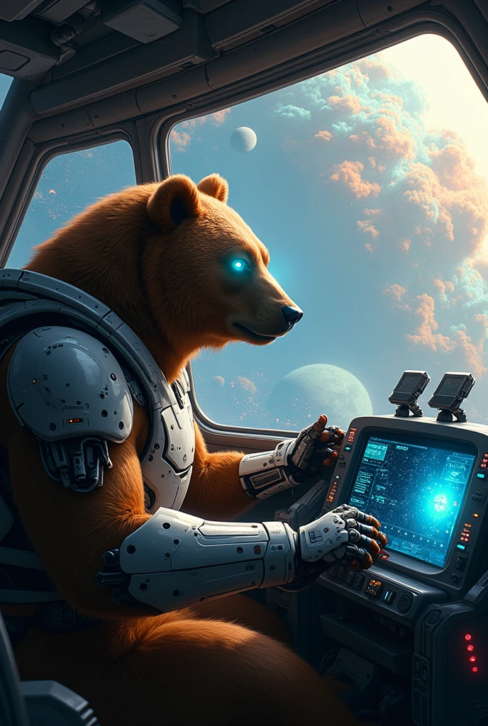 In the cockpit of a sleek, futuristic spaceship, a majestic brown bear with advanced cyborg enhancements takes the helm. The bear’s fur seamlessly merges with metallic armor, and one of its eyes glows with a piercing, electric blue light, connected to the ship's navigation system. Its powerful, cybernetic limbs grip the controls, displaying both natural strength and mechanical precision. The cockpit is illuminated by the soft glow of holographic displays and blinking lights, revealing the bear's intricate, exposed mechanical inner workings on one side of its body. Outside the ship's wide, panoramic windows, a vast, surreal galaxy unfolds—a swirling mix of vibrant nebulae, distant stars, and floating cosmic debris. The ship, sleek and cutting-edge, hurtles through this vivid space-scape, with the bear at the controls, piloting through an otherworldly adventure. The scene captures the awe-inspiring fusion of nature and technology, set against the boundless beauty of the universe.