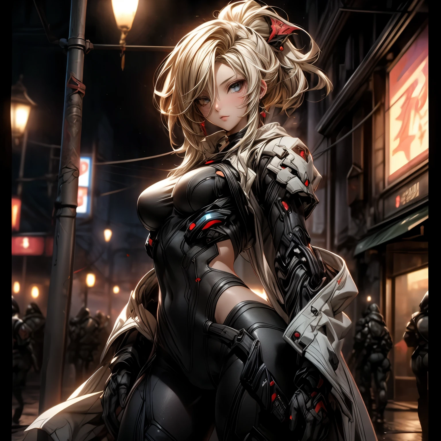 (best quality)), ((Masterpiece)), (details:1.4), 3d, HDR (high dynamic range), an image of a beautiful cyberpunk female, Hips up, Fantasy, Sleek style, Blonde hair, High ponytail, beautiful White eyes, จมูกโด่ง, ปากแดง, หน้าอกใหญ่, nvidia RTX, PBR surface, After processing, Anisotropic filtration,depth of field, Maximum clarity and clarity, multi-layered surface, Subsurface scattering, perfect proportions, 8K raw files, ultra detailed, Perfect proportions, volumetric lighting, soft lighting, battle suit, Heavy red armor, glossy skin, Castle background, jewely, ต่างหู, นิ้วมือสมบูรณ์,
