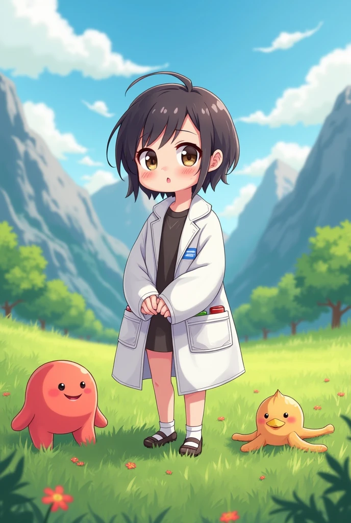 Short cute girl, short hair. 144 cm
her face is cute when she pouts, her cheeks are soft.
Wearing a lab coat that is too big for his body size, white.
Several different colored ions were tucked into the pockets of his lab coat..
Posing proudly with hands on lap.
Green field background with alpine mountain view. Playing with monster slime