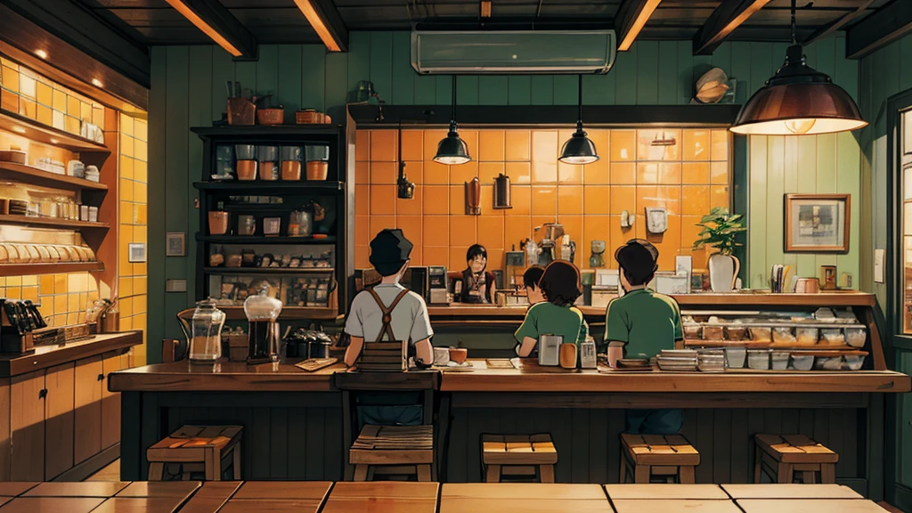 Detailed illustration of a cozy café interior with a focus on the coffee preparation area. The layout features a large window that provides a clear view of a bustling street outside, with buildings, trees, and people visible. The coffee counter is adorned with a white espresso machine, labeled 'Cremia,' and various coffee-making tools, including a grinder, cups, and jars. The counter is covered with orange tiles, adding a warm and inviting touch. Above the counter, a hanging lamp with a conical shade casts a soft light. The overall scene is vibrant and lively, capturing the essence of a charming urban café.