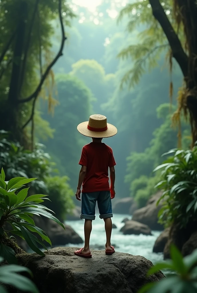 Miniature de vidéo YouTube où on voit inoxtag qui est dans la forêt amazonienne avec son chapeau de luffy et il est debout sur un cailloux et les décors et remplis d’arbres , de lianes et il y as une  rivière derrière lui très discret 