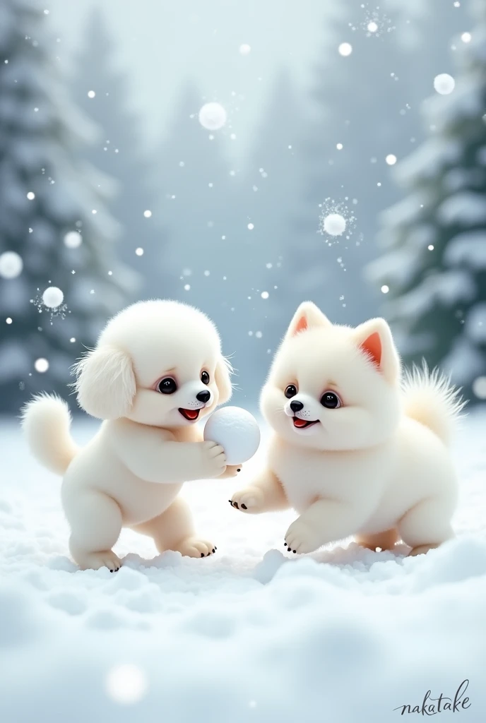 Snow Scene、snowball fight、A baby white toy poodle with a cute face and round ears、Cute white pomeranian baby、Big Head、トイプードルとポメラニアンのsnowball fight,Nakatake's signature in handwritten style on the bottom right