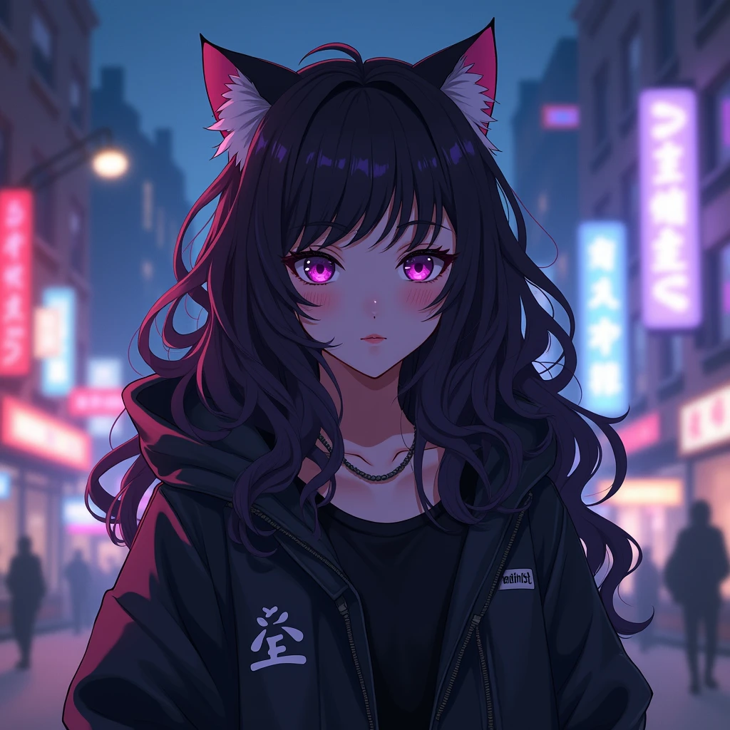 anime girl with long curly hair wearing black aesthetic jacket with cat ears and with a text "amethyst" on her left part of her clothes, in citylights background,