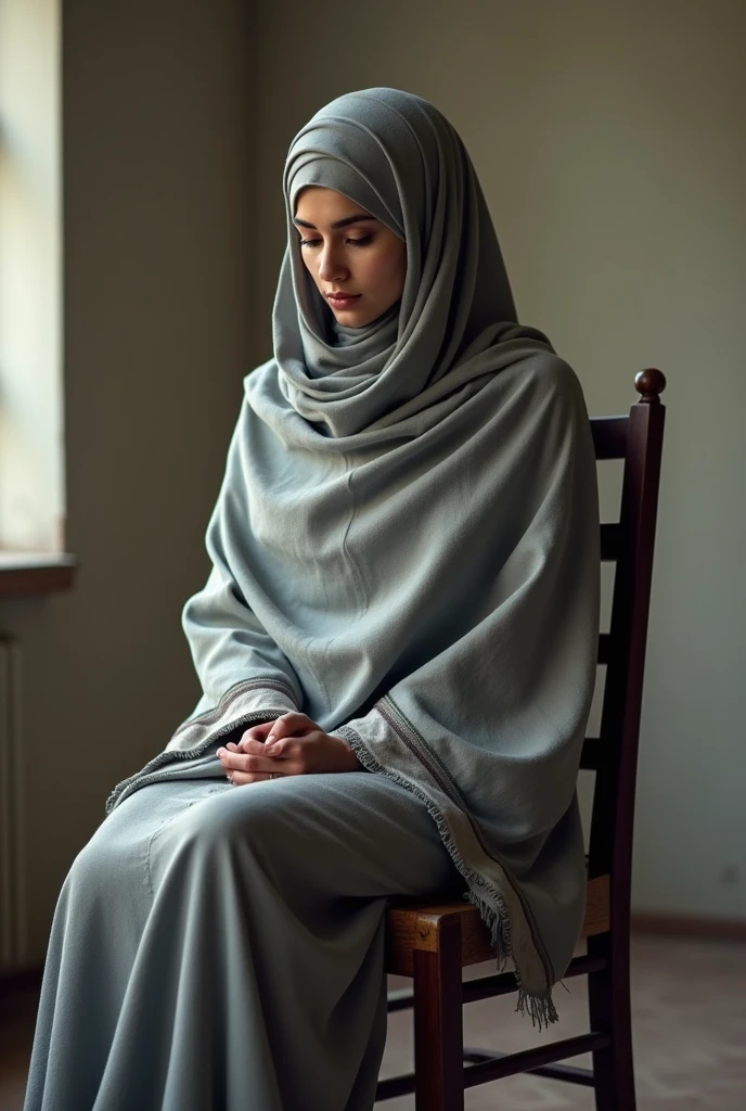 Punjabi women, sit on wood chair, grey Punjabi shut ,head dumala sahib