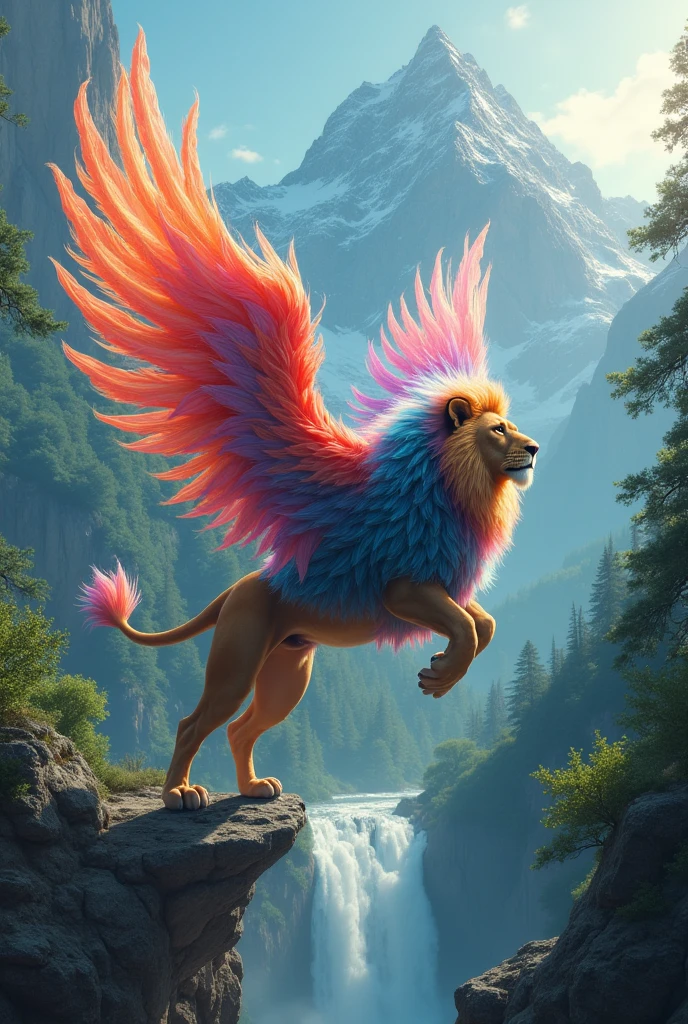 Lion with feathers flying in nature with waterfall and mountain