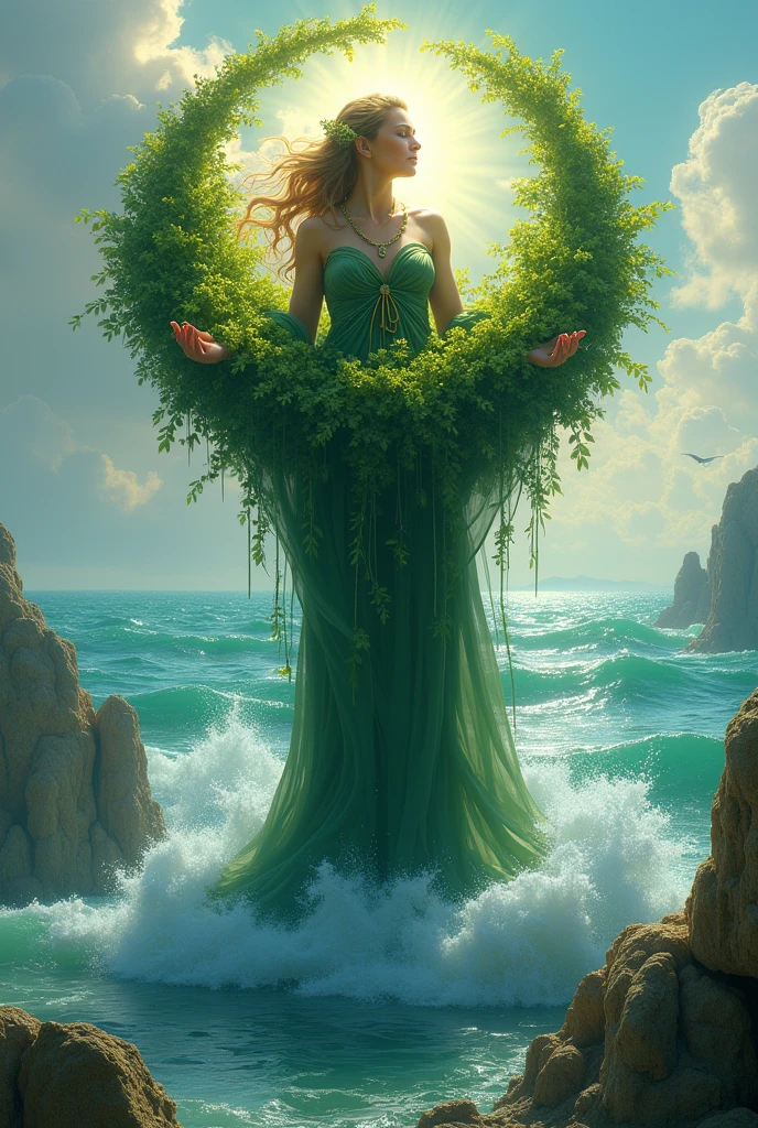 The goddess Giaa holds the earth and the fertile natural land, half above the sea. The sea water spreads.