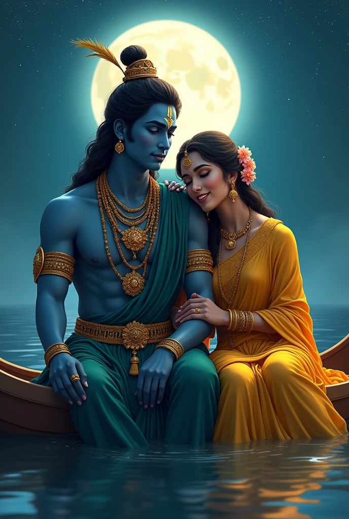 Design a mesmerizing scene featuring a divine couple seated close together in a boat, under a magical night sky filled with twinkling stars. The male figure has deep blue skin and a serene expression, adorned with traditional golden jewelry, including necklaces and armlets, and wearing a rich teal garment. A prominent tilak is marked on his forehead, symbolizing his divinity. The female figure beside him is dressed in a flowing, bright yellow saree embellished with delicate gold accents. Her jewelry, including bangles, earrings, and a necklace, complements her outfit, while her hair is styled elegantly with flowers tucked in. She has a gentle smile, exuding grace and affection as she leans slightly towards the male figure. Behind them, a luminous full moon bathes the scene in a soft glow, casting a reflective light on the water around them, enhancing the tranquil and romantic ambiance. The overall image conveys a deep sense of love, divinity, and serenity