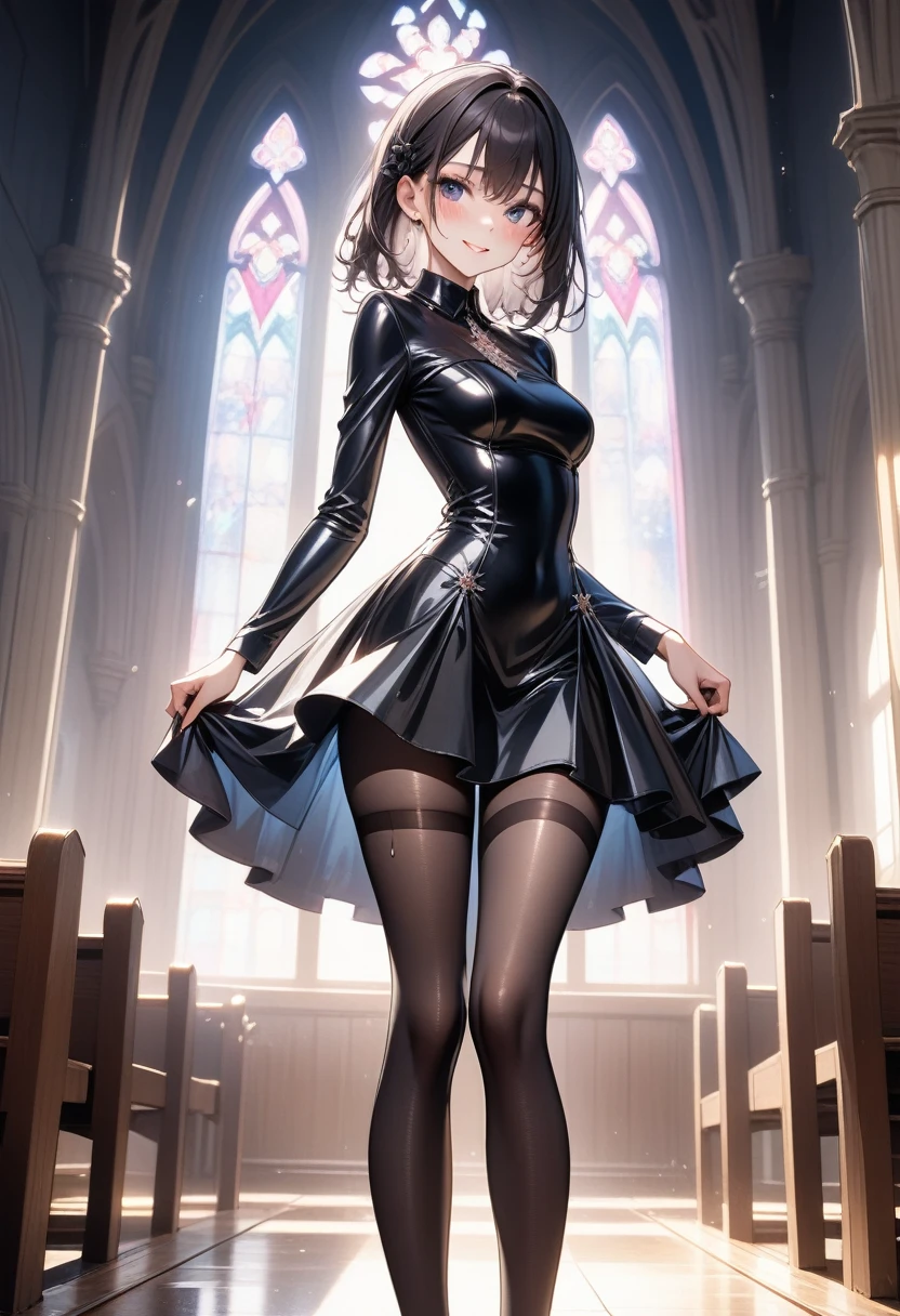 grim reaper, (Evil smile), (((Widow Costume, Leather panties, skirt, Pantyhose, Stiletto heels))), ((Shiny Costumes)), ((skindentation)), skinny, solo, 1 woman, Masterpiece, highest quality, highest quality, 16K, incredibly absurd, highly detailed, 2.5D, ai-generated, delicate and dynamic, very delicate facial expressions, delicate eye depiction, erotic, only sexy woman, ((A cute and kind face)), healthy figure, ((1 woman)), 160cm tall, medium firm swaying bust, Dark Hair, blush, Sweat,Embarrassed,sexy, ((thin thighs)), shiny and lustrous, facing straight at viewer, (((in heat))), ((Oily_skin)), ((Lots of sweat)), ((dutch angle)), ((erotic pose)), (((Dynamic Pose))), ((Transparent and sparkling costume)), ((Inside the church chapel)),