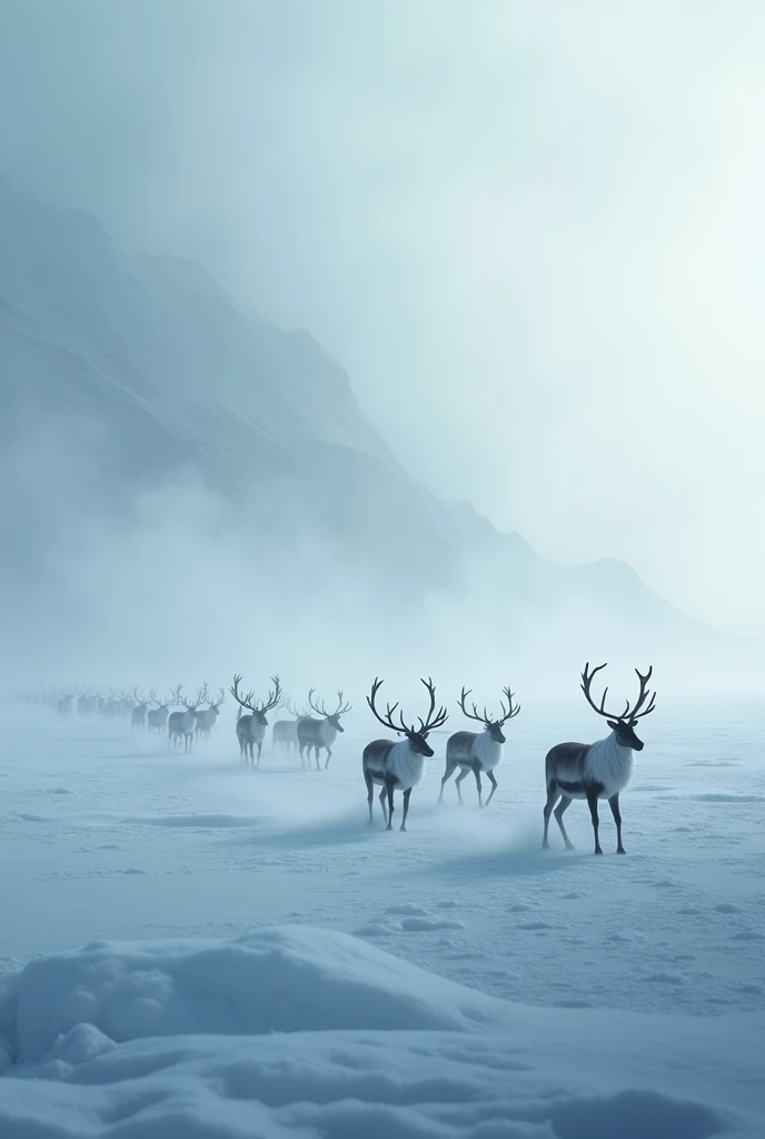 train in snowy plain and huge icy lake.and a lot of reindeers and blizzard fog
