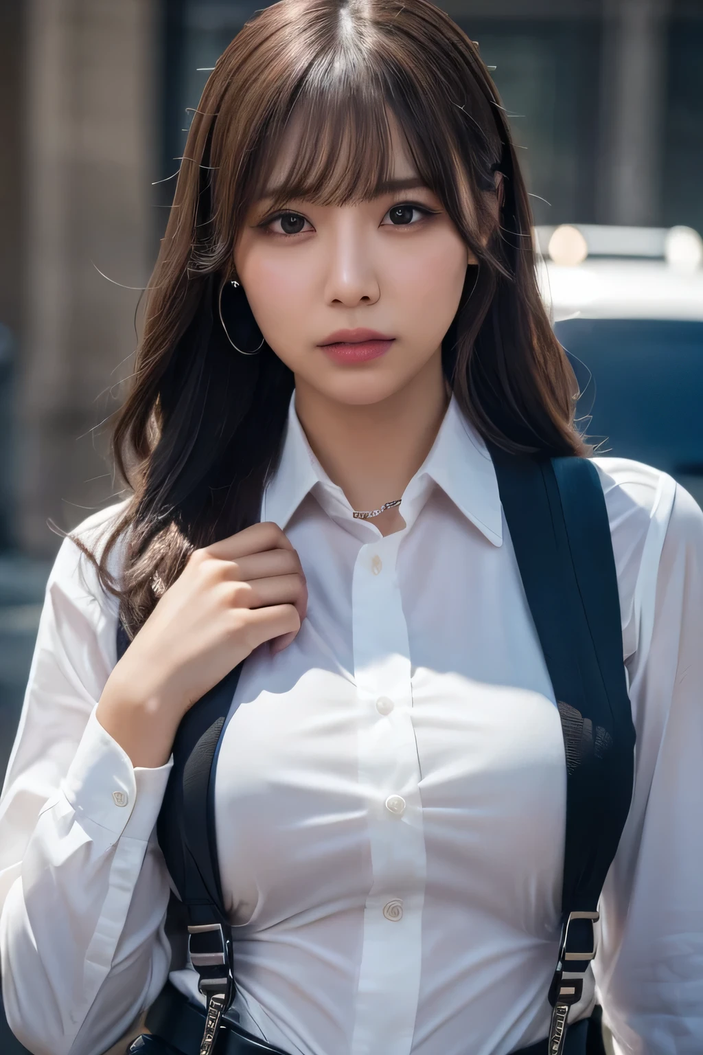 a woman in a suit, belt, hands behind back, sweating, suspenders, black pants, sexly, large breasts, see-through clothing, rain, detective, office worker, white button-up shirt, (best quality,4K,8k,highres,masterpiece:1.2),ultra-detailed,(realistic,photorealistic,photo-realistic:1.37),hyper-detailed,highly detailed face and body, Slender　thin　suspenders　Moderate breasts　See-through shirt　Nipples　holster　chain　Pistol　Armament　criminal　Female criminal　knife