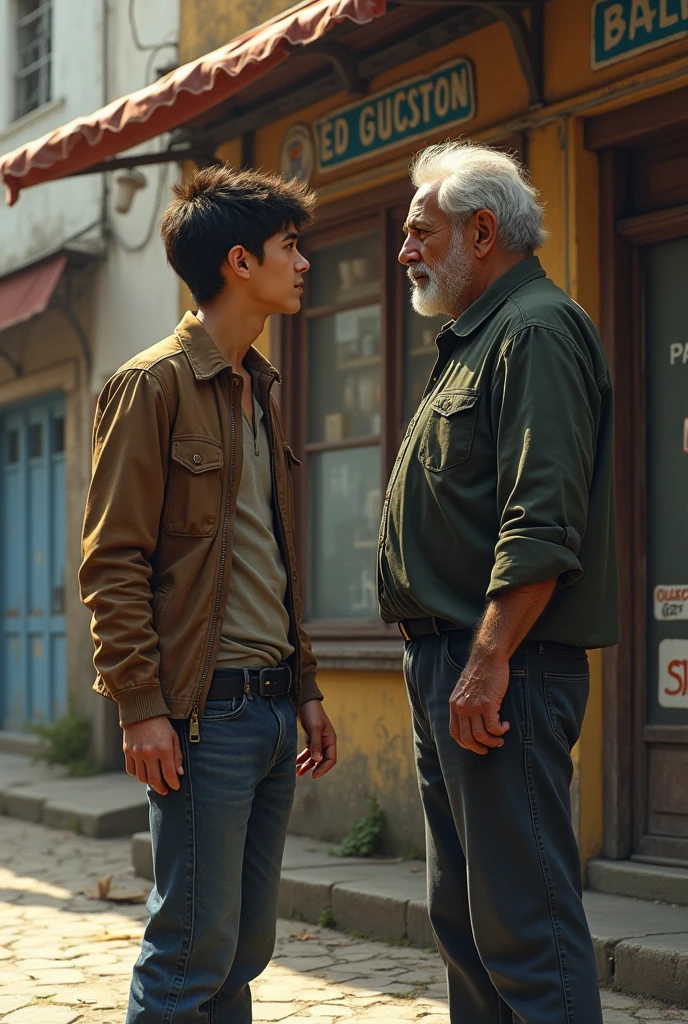 A man talk to an old man in front of a shop in dall e-3 style 