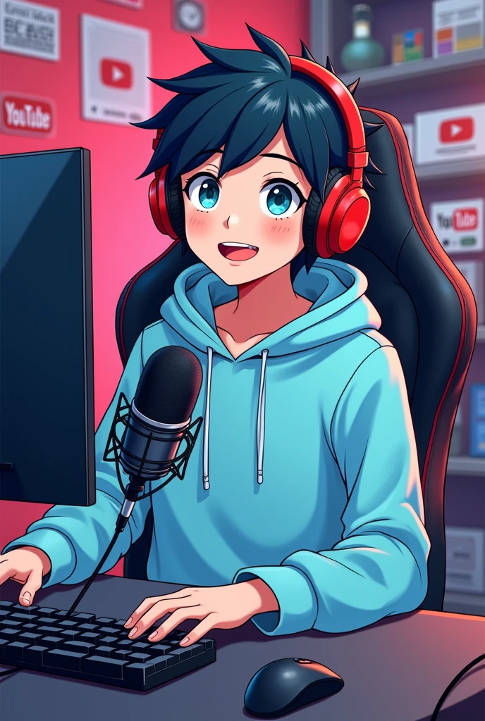 A anime boy wearing a light blue color hoodie and red color gaming headphone . The anime boy is sitting on a black gaming chair . On the background there so many YouTube materials . On the front of the anime boy there is a mic