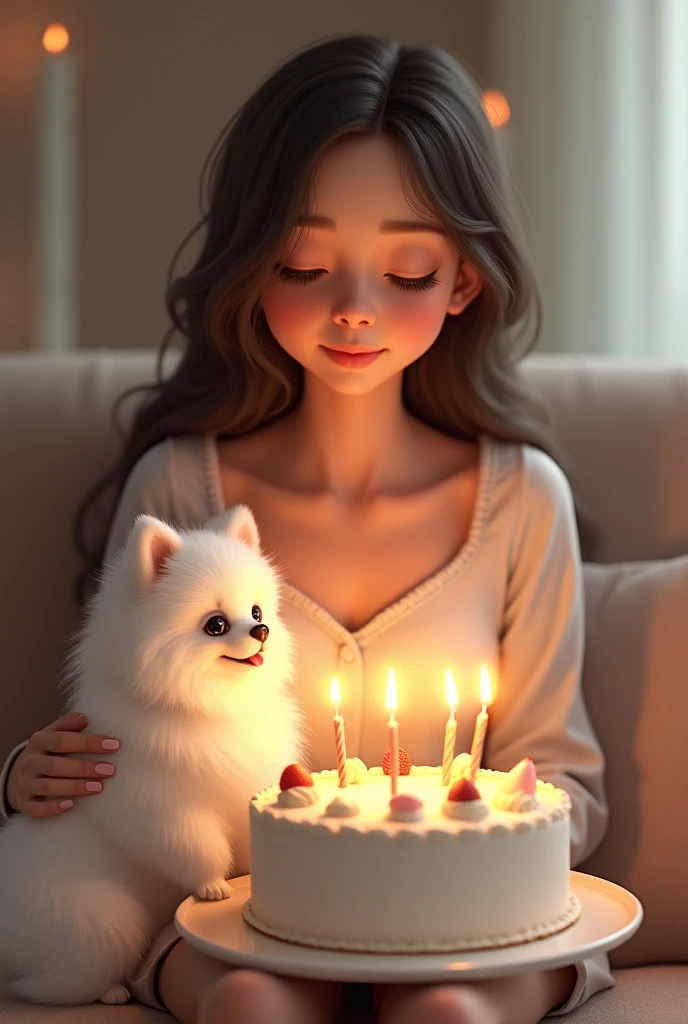 The woman is sitting on the sofa with a small white Pomeranian crawling on her lap, opposite a birthday cake, making a wish to the birthday cake, celebrating her birthday, she is about 1 , white skin, delicate facial features