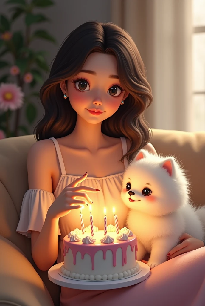 The woman is sitting on the sofa with a small white Pomeranian crawling on her lap, opposite a birthday cake, making a wish to the birthday cake, celebrating her birthday, she is about 1 , white skin, delicate facial features