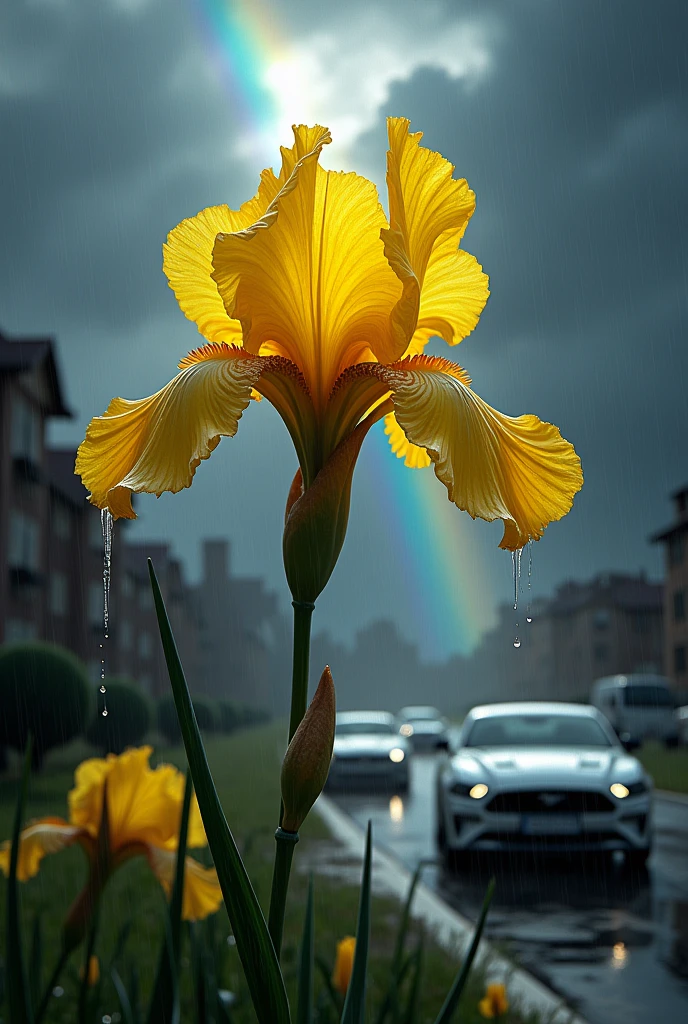 Xyris flower yellow in dark background in thunderstorm in background buildings , show flower face and Add Rain and Rainbow and add BMW s1000rr white bikes and mustang sliver model on road