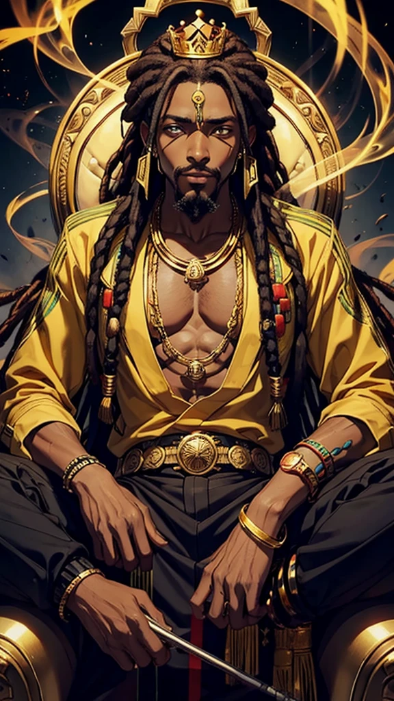 Man,African king, villian, smoker, heavy smoke exhale, dreadlocks gold inlay, indifferent