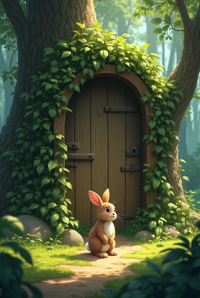 “A rabbit discovering a small, dusty wooden door partially hidden by vines in the forest.”