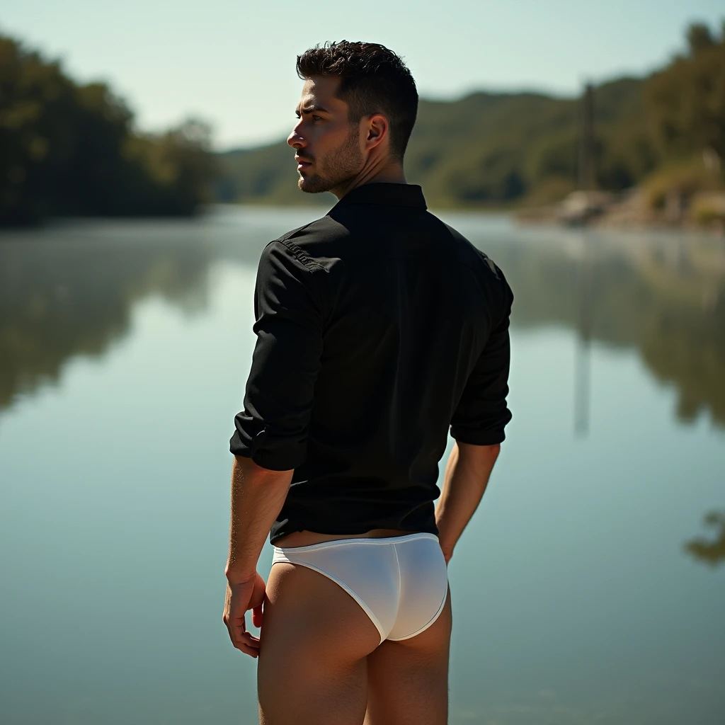 A white man, at 3, model type, with short dark hair, with clear eyes, wearing a fully buttoned black shirt and white thong underwear, with his back turned but looking sideways at the camera and showing his anus in a lake in Alentejo