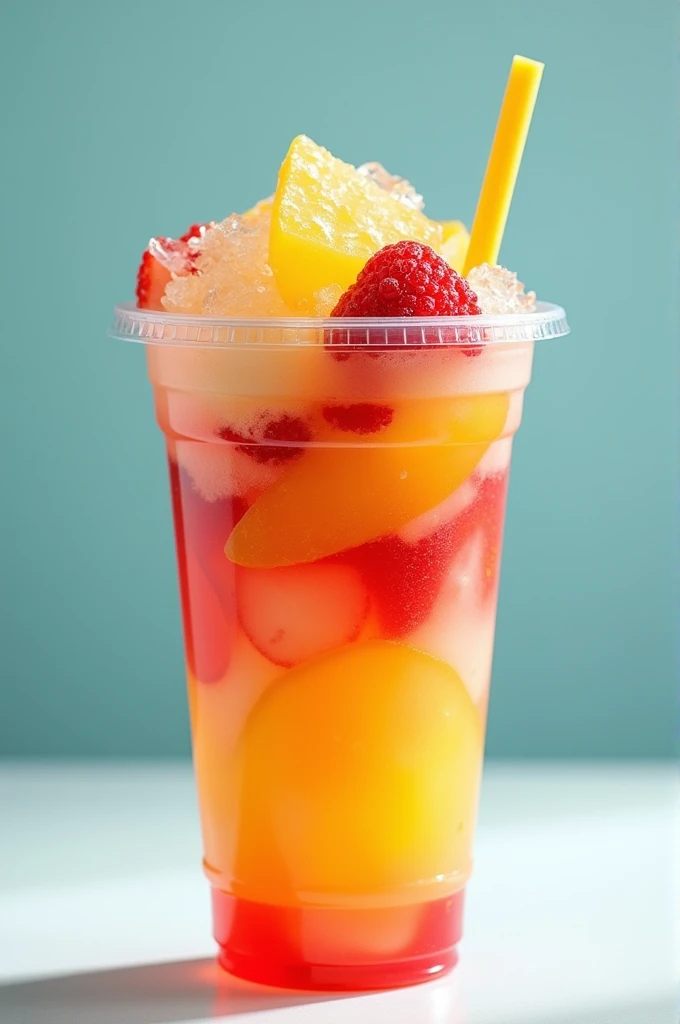 Iced jelly on top with fruity in the clear plastic cup