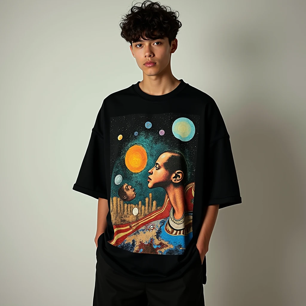 A fashion editorial style boy, he wears an oversized black t-shirt. The t-shirt has incorporated graphics, Dreamlike, surreal patterns with a mix of abstract shapes and unexpected compositions, inspired by Salvador Dalí.High fashion, fashion, style, editorial, magazine style, professional, highly detailed, 3d oversized t-shirt mockup, black color, streetwear style men by Virgil Abloh, NoirÉclat brand