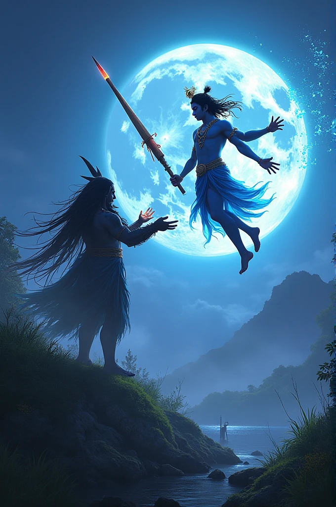 Lord krishna killing kansh with rocket launcher in the night at moon