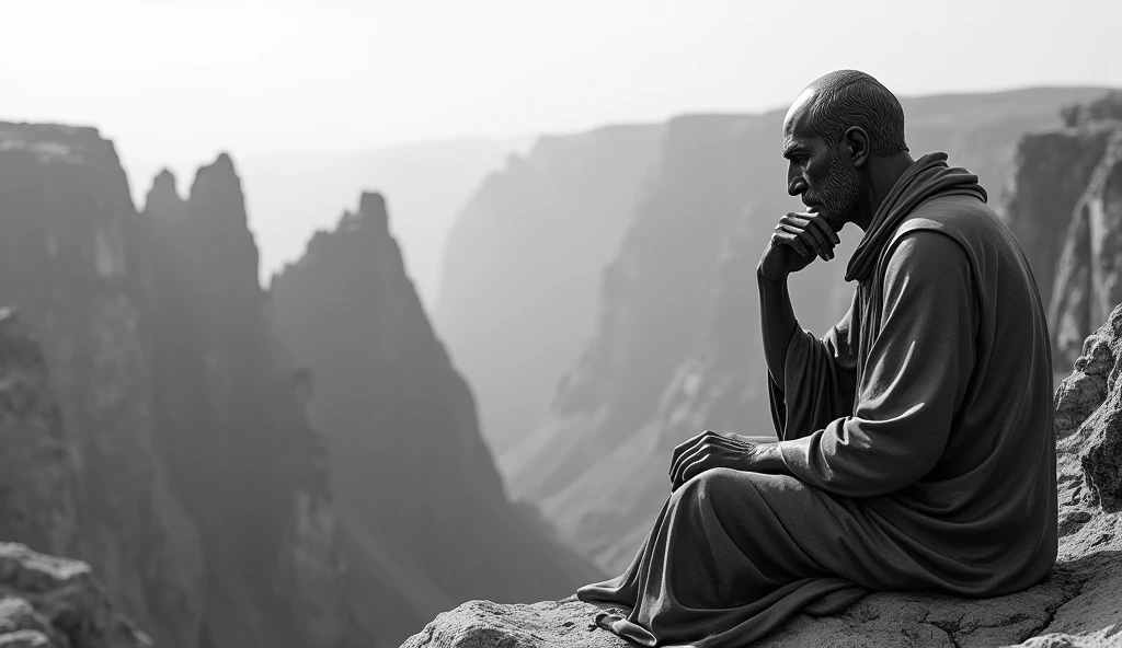 A philosopher's sculpture contemplating looking out over a vast landscape .Keep the overall theme black and white. Make it vibrant and hyper realistic