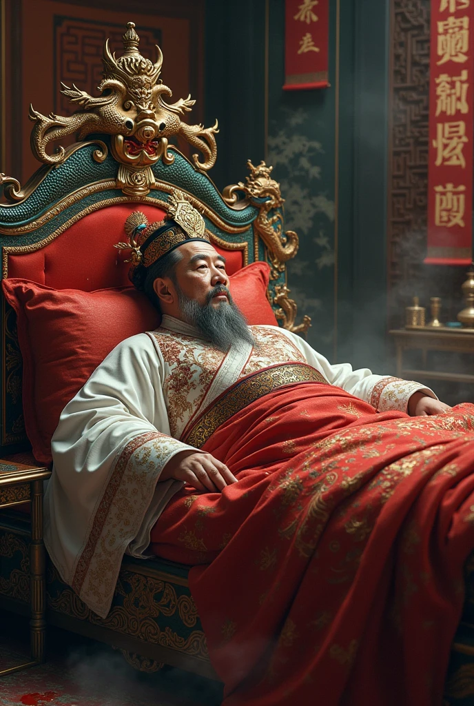 the emperor, middle-age, coughing up blood, on the dragon bed, chinese style