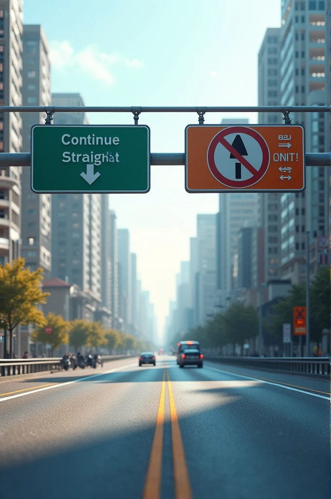 A road with two lanes and two large signs, one go straight and one direction prohibited