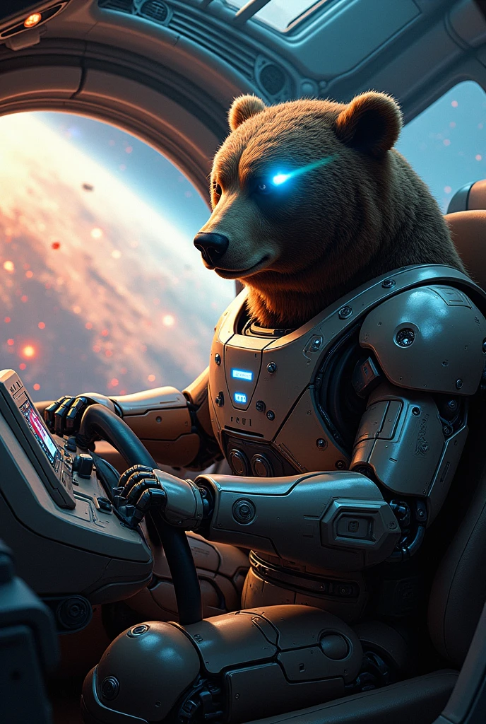 In the cockpit of a sleek, futuristic spaceship, a majestic brown bear with advanced cyborg enhancements takes the helm. The bear’s fur seamlessly merges with metallic armor, and one of its eyes glows with a piercing, electric blue light, connected to the ship's navigation system. Its powerful, cybernetic limbs grip the controls, displaying both natural strength and mechanical precision. The cockpit is illuminated by the soft glow of holographic displays and blinking lights, revealing the bear's intricate, exposed mechanical inner workings on one side of its body. Outside the ship's wide, panoramic windows, a vast, surreal galaxy unfolds—a swirling mix of vibrant nebulae, distant stars, and floating cosmic debris. The ship, sleek and cutting-edge, hurtles through this vivid space-scape, with the bear at the controls, piloting through an otherworldly adventure. The scene captures the awe-inspiring fusion of nature and technology, set against the boundless beauty of the universe.