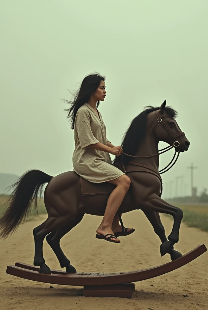 The triangular horse rocks back and forth at regular intervals like an electric cradle.、Japanese girl slave straddles her legs and slides on the seesaw。