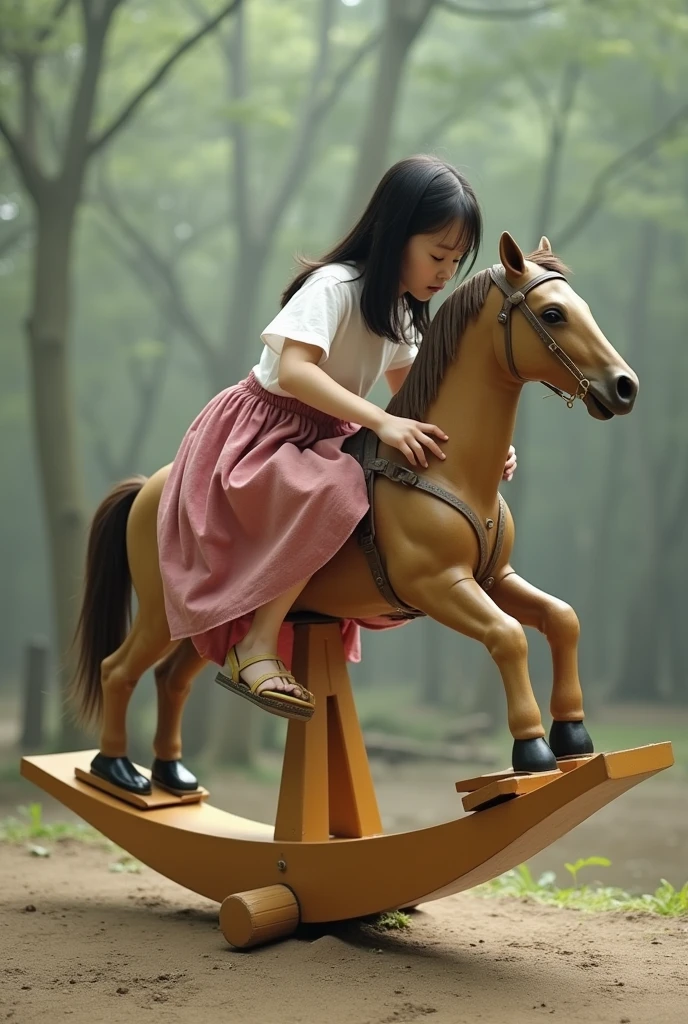 The triangular horse rocks back and forth at regular intervals like an electric cradle.、Japanese girl slave straddles her legs and slides on the seesaw。