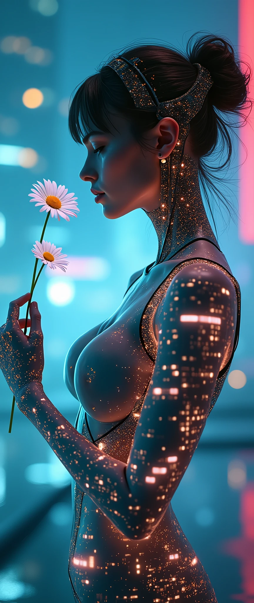 (masterpiece:1.2,Exceptional Quality,mirror-like,Cinematic Experience,Photorealistic,RAW Photos,Super detailed),8k,wallpaper,(Beautiful multiple exposure combining a beautiful female cyborg and daisy flowers:2.0),(The background is a futuristic city lit up in neon:2.0),(Creating the outline of the female cyborg's upper body:2.0),Sharp lines,Sharp Focus,Double Exposure,Full Color,(Detailed Female Hands:2.0),(Beautiful female hands:2.0)