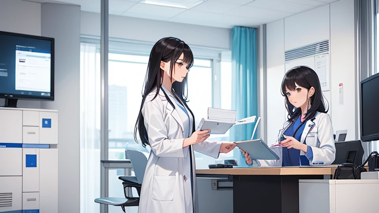 A female doctor in a white coat、Please draw an illustration of a doctor examining a patient in a hospital examination room.。The female doctor is explaining things to the patient kindly.、In the background, a desk with medical equipment and charts is depicted.。