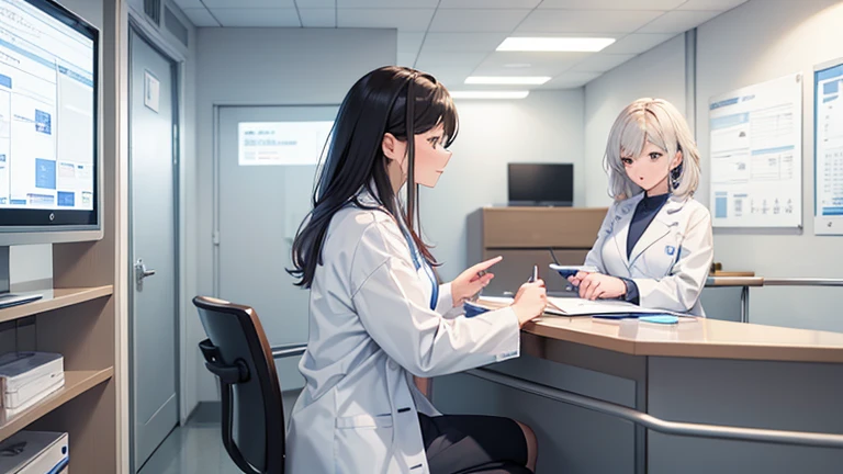 A female doctor in a white coat、Please draw an illustration of a doctor examining a patient in a hospital examination room.。The female doctor is explaining things to the patient kindly.、In the background, a desk with medical equipment and charts is depicted.。